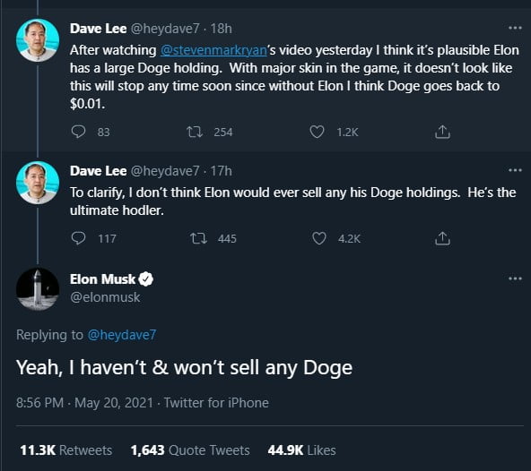 Elon Musk: I Haven’t and Won’t Sell any Dogecoin (DOGE) Altcoin News  