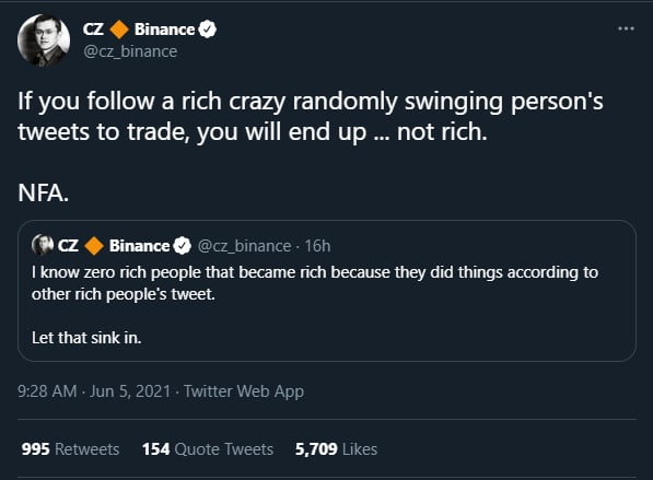 Binance CEO: You Won't Be Rich Using a Rich Person's Tweets to Trade 16